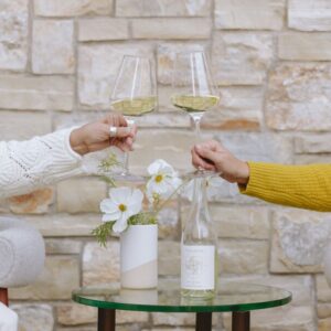 two women cheers in front of flowers with wine glasses